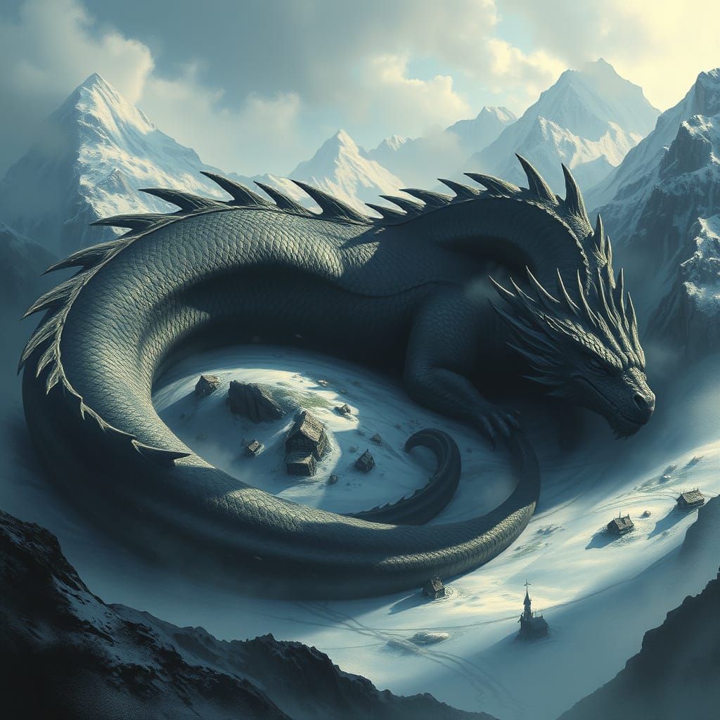 Epic Fantasy Dragon Sleeps Over Mountain Range