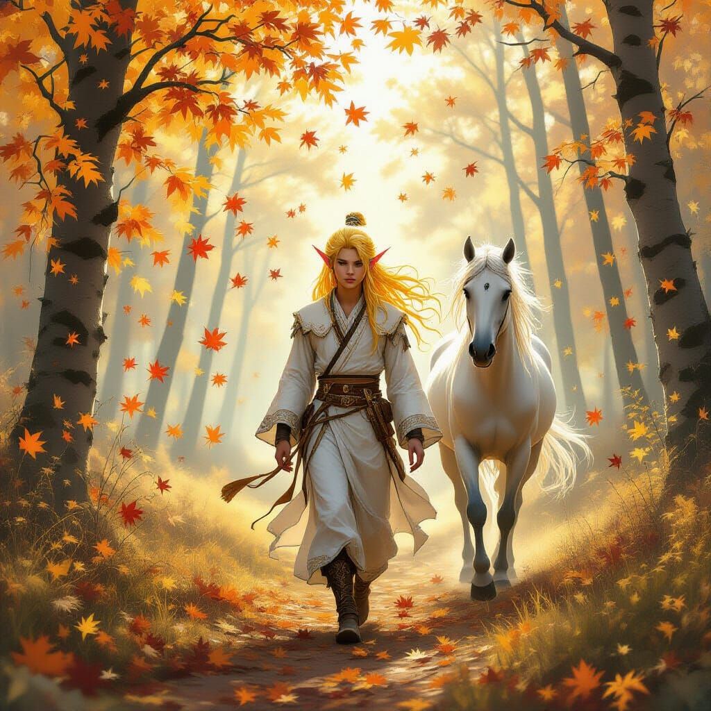 Elf Walks Through Golden Autumn Forest at Sunrise