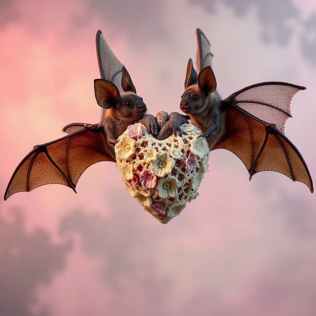 Surreal Bats and Crocheted Heart in Pastel Haze