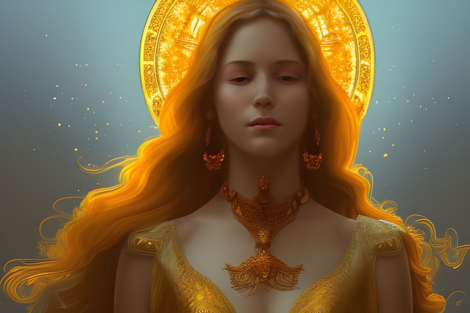 Golden Goddess Portrait in Ornate Castle, Fantasy Art