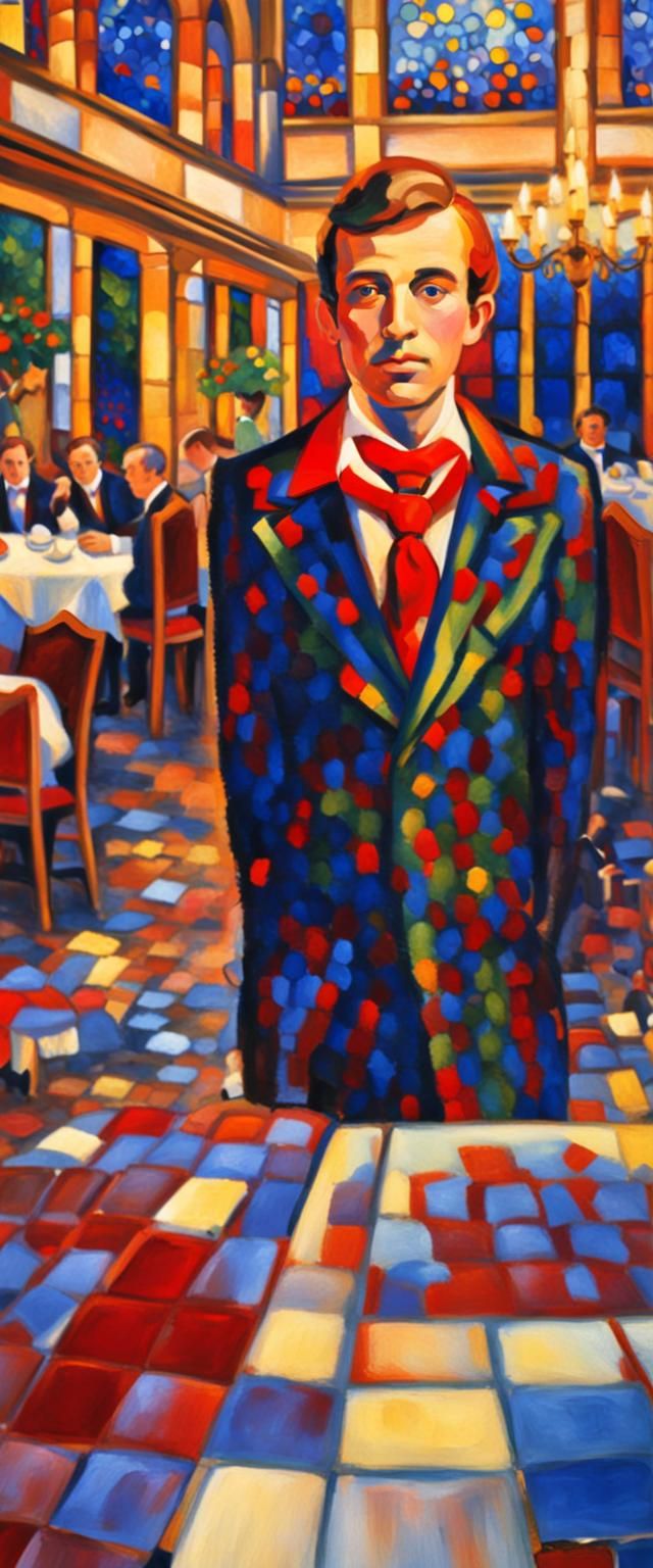 Fauvist Man in Restaurant with Stained Glass