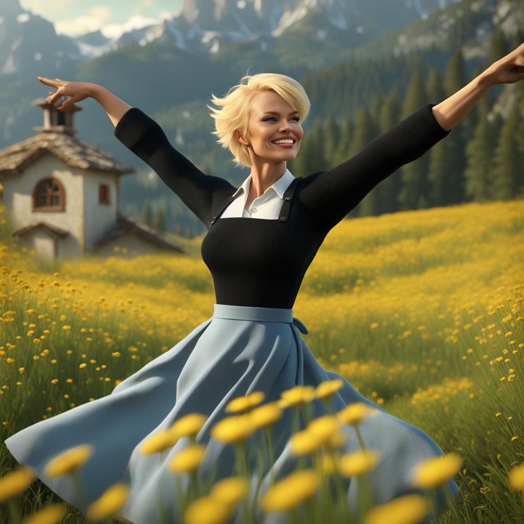 Dancing Woman in Mountain Meadow: Sci-Fi Cinematic Render