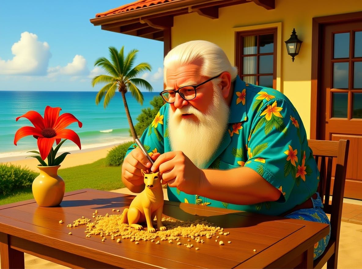 Santa Claus Carves a Wooden Wolf on Tropical Beach