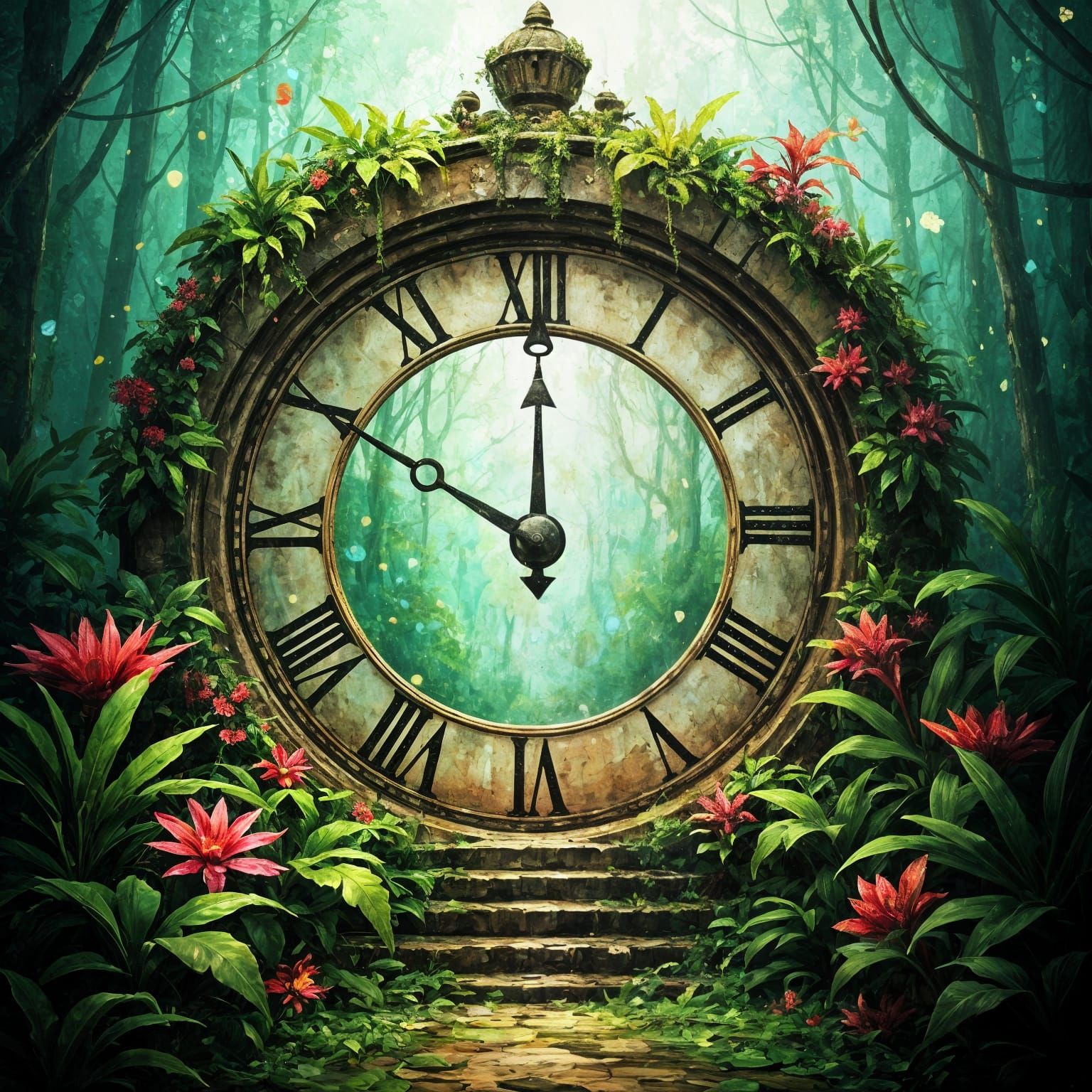 Enchanted Clock Portal to Magical Forest Impasto Painting