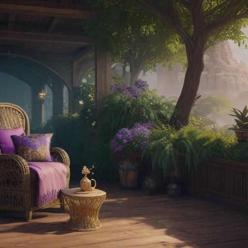 Person with Bengal Cat in Wicker Chair, Fantasy Art