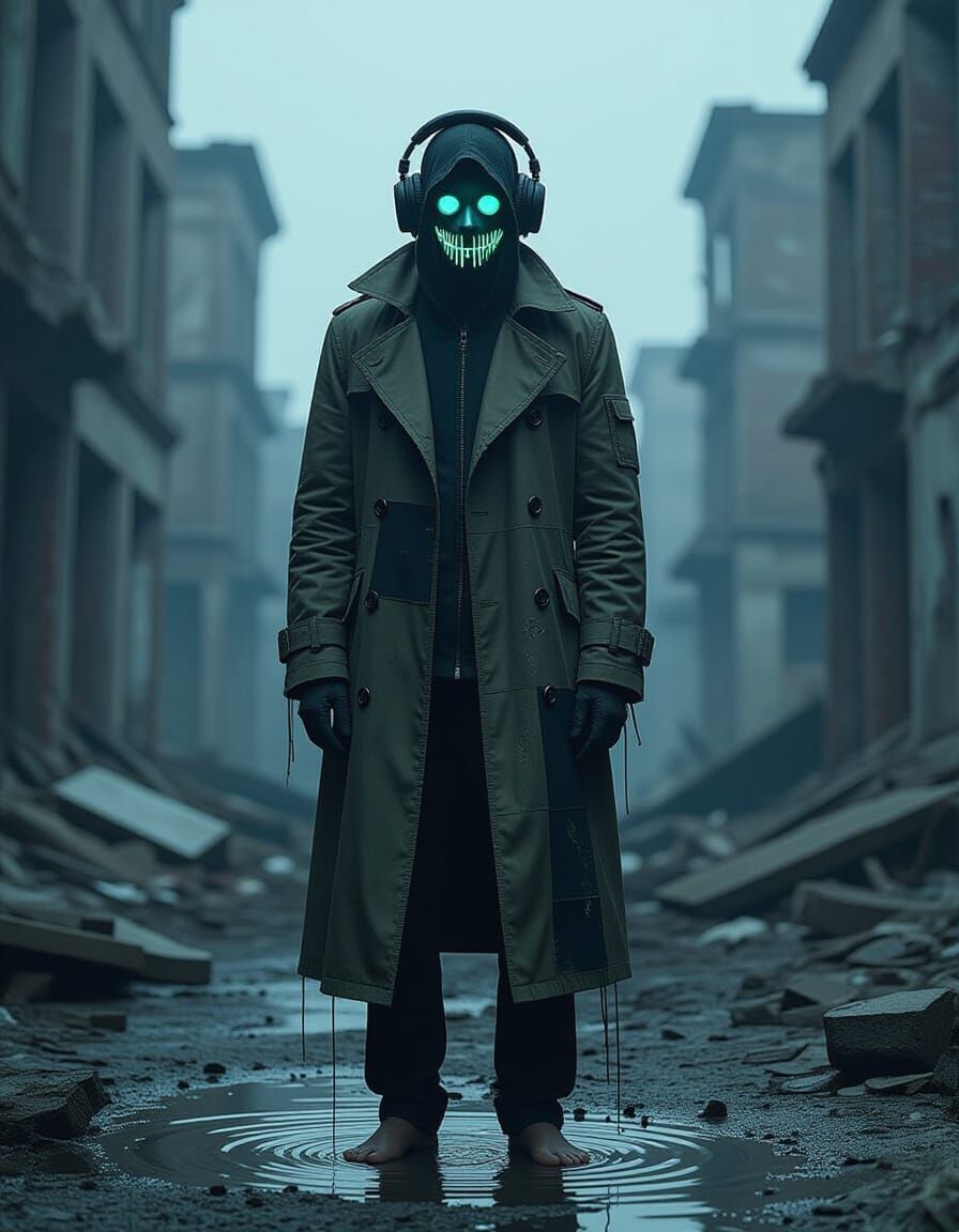 Silent Figure in Ruined City, in Cinematic Style