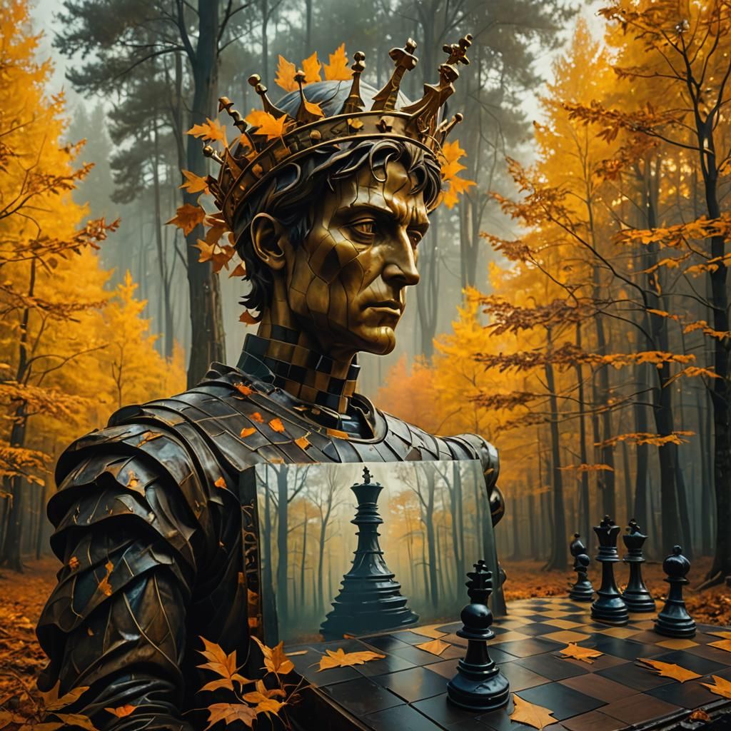 Surreal Autumn Chessboard in Dreamlike Forest
