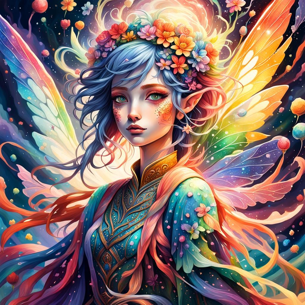 Fantasy concept art, close-up. A rainbow fairy amidst a whim...