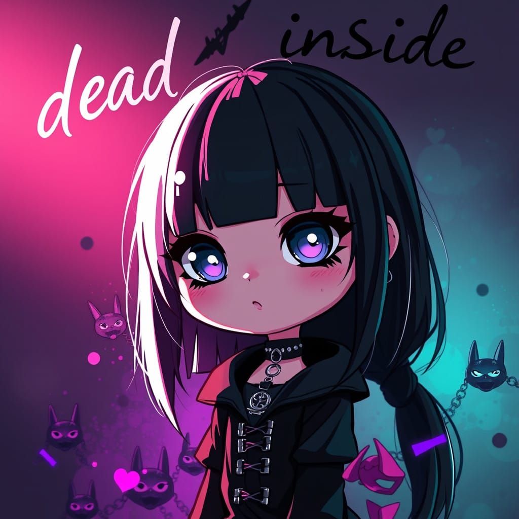 Goth Chibi Girl Radiates Melancholy in a Vibrant Rainbow Haz...
