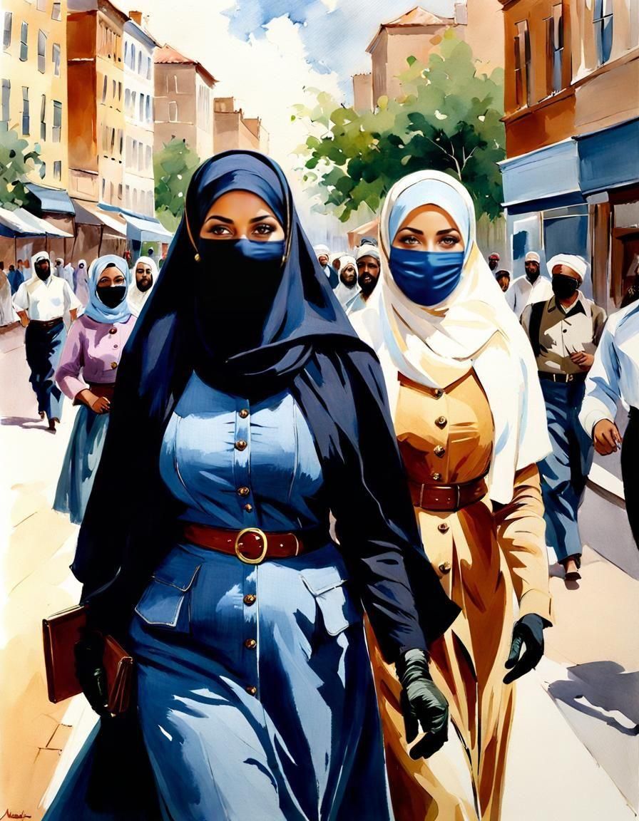 Hijabi Teachers Marching Through City as Oil Painting
