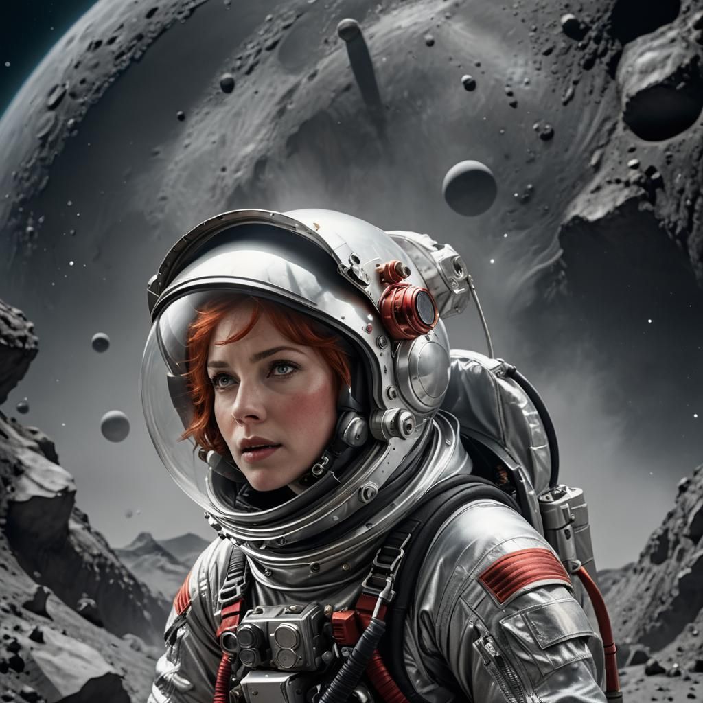 003 A beautiful red haired female astronaut wearing a silver spacesuit on the moon.