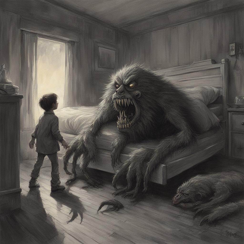 Sinister Monster Pulls Child Under Bed: Digital Art