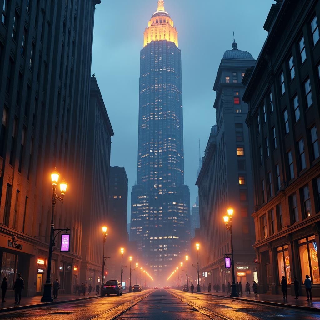 Dystopian Skyscraper at Dusk in Cyberpunk Style