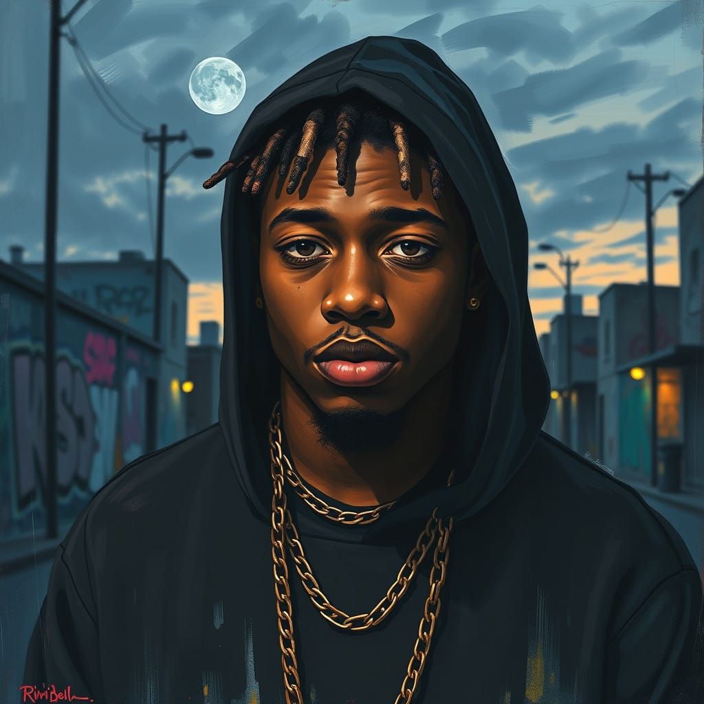 Melancholic Portrait of a Hooded Figure in a Graffiti Citysc...