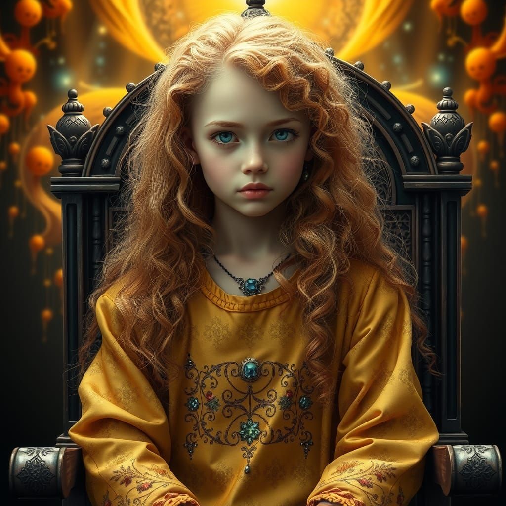 Ethereal Girl on Throne in Art Nouveau Style