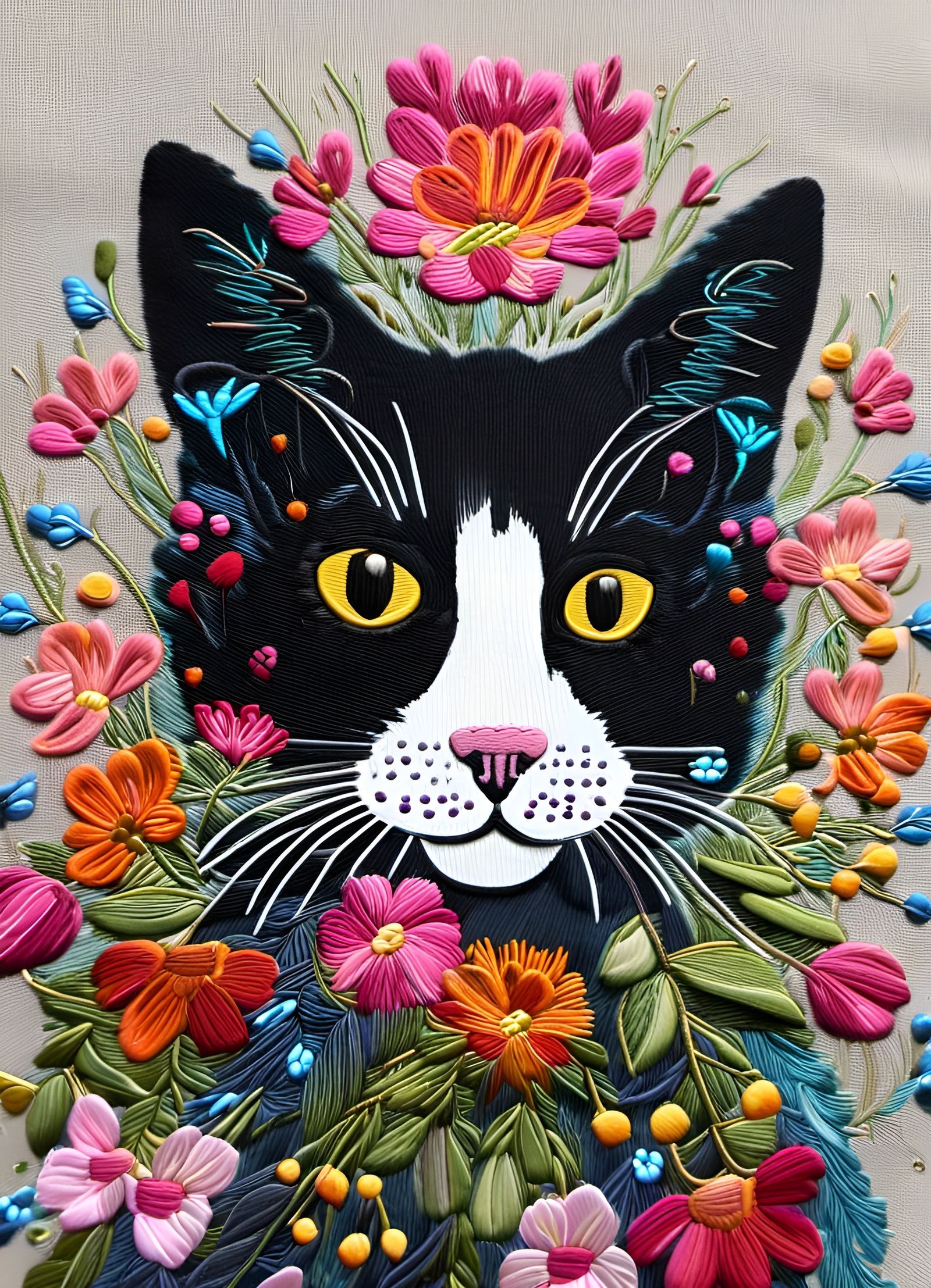 Cat with Flowers: Detailed Painting with Embroidery