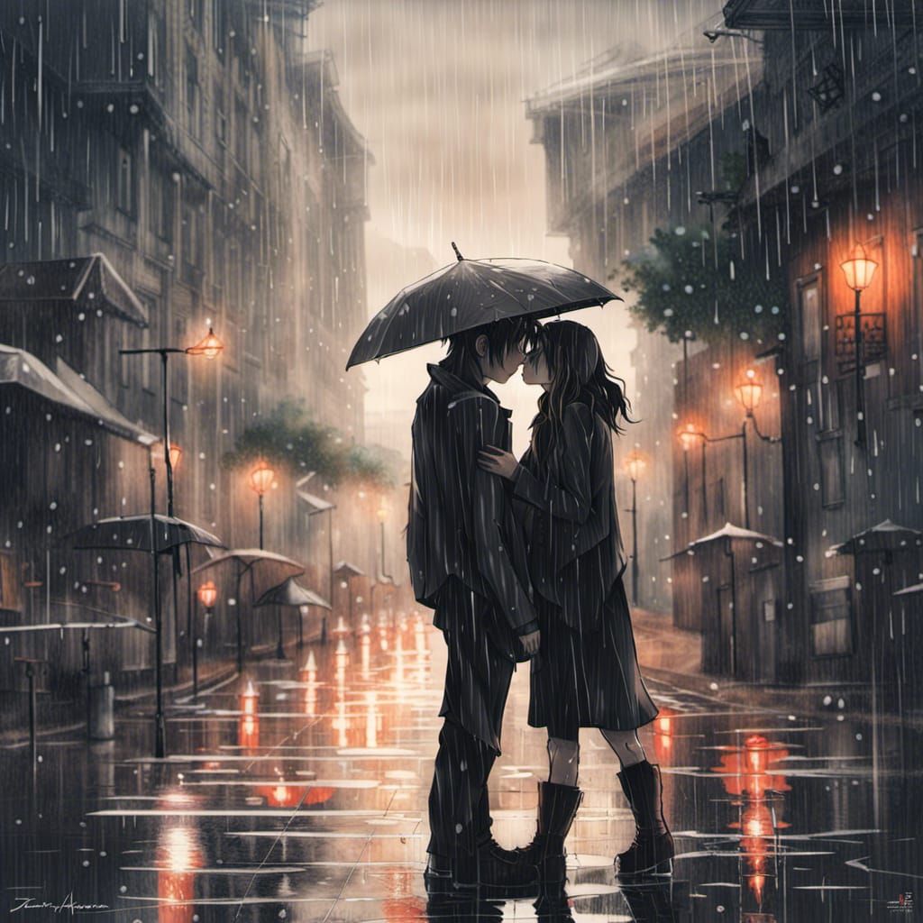 Romantic Couple Kissing in Rain, Anime Style