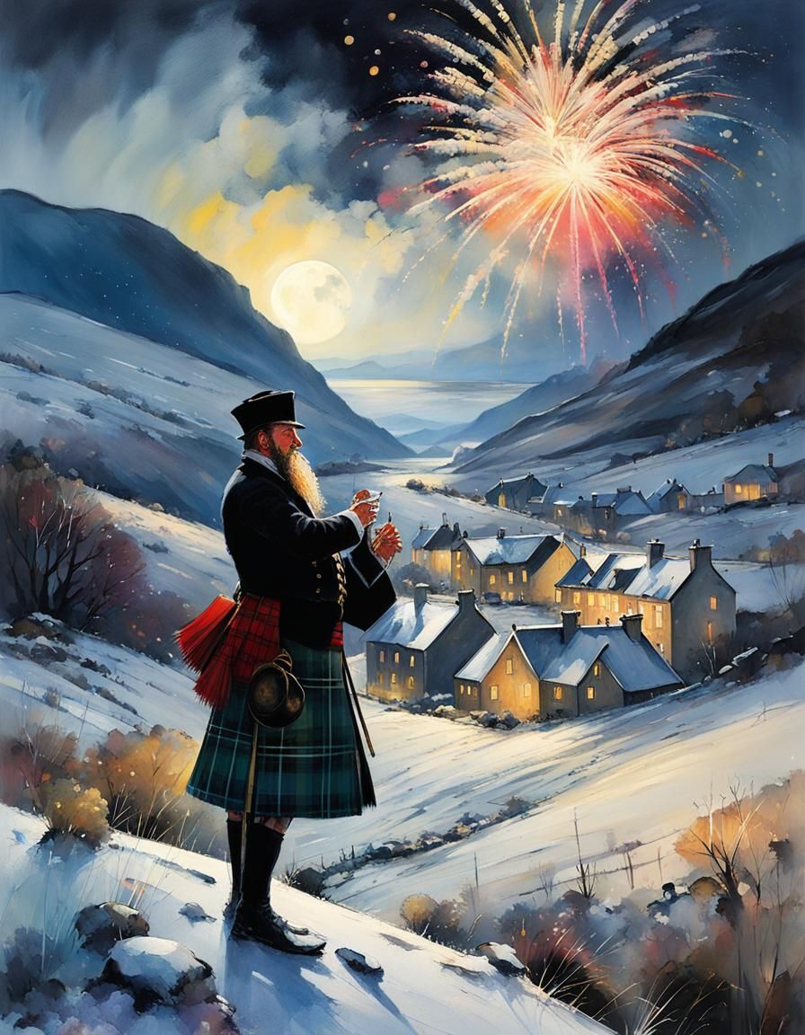 Scottish Highlands New Year Fireworks, Pointillist Style