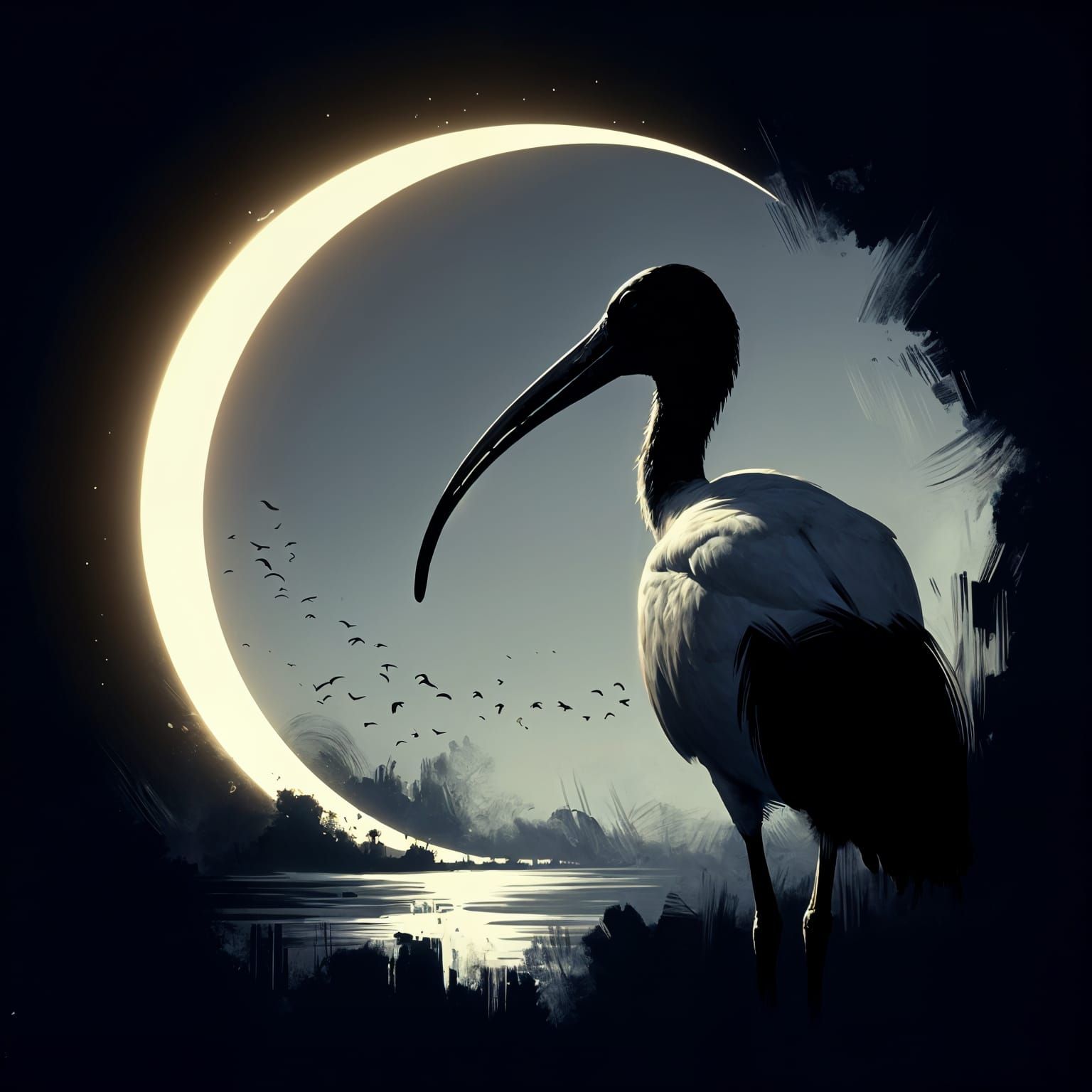 Ibis Silhouette in Solar Eclipse: Cinematic Oil Painting