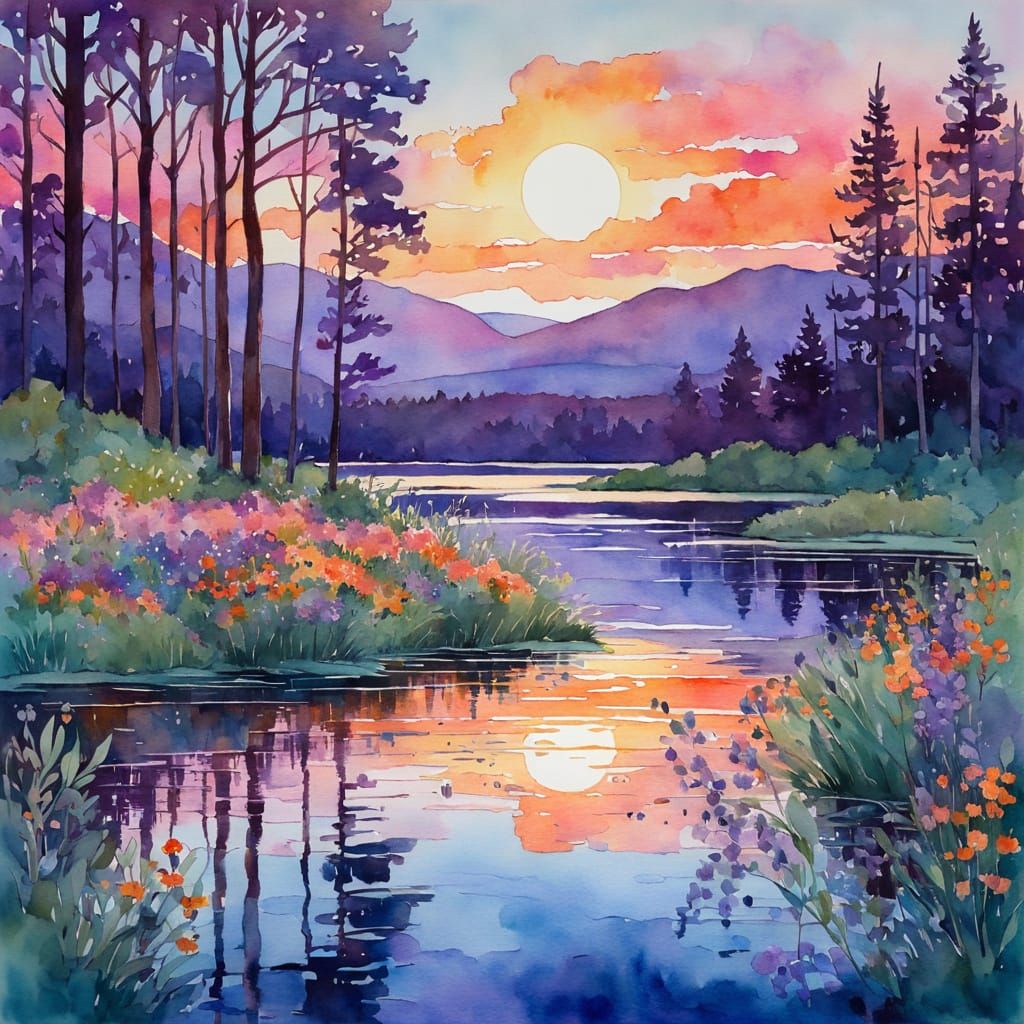 Serene Lake Sunset Reflection Watercolor Painting