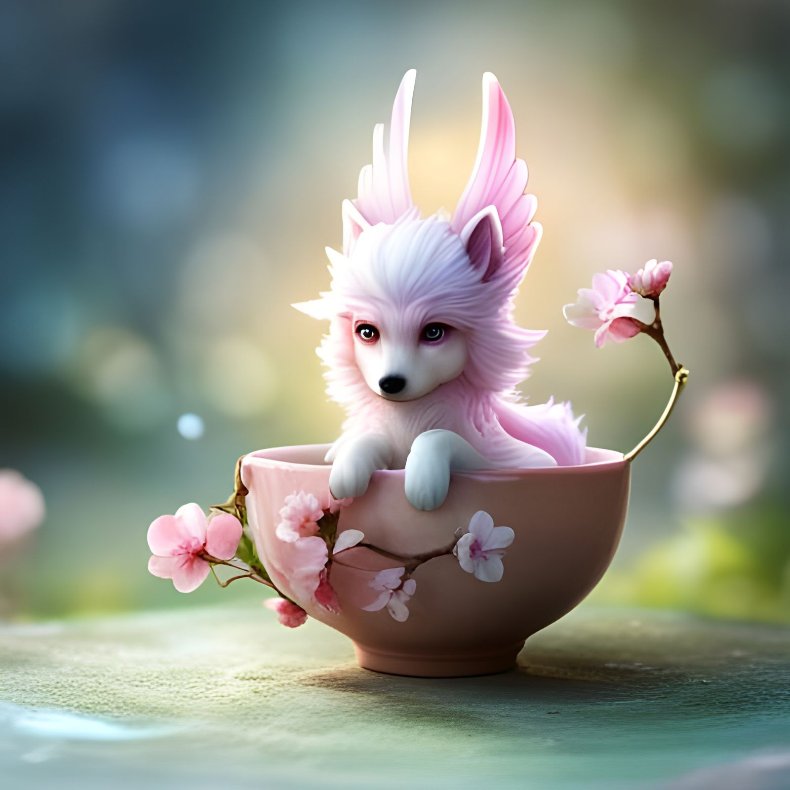 Chibi Wolf Fairy, sitting in a teacup