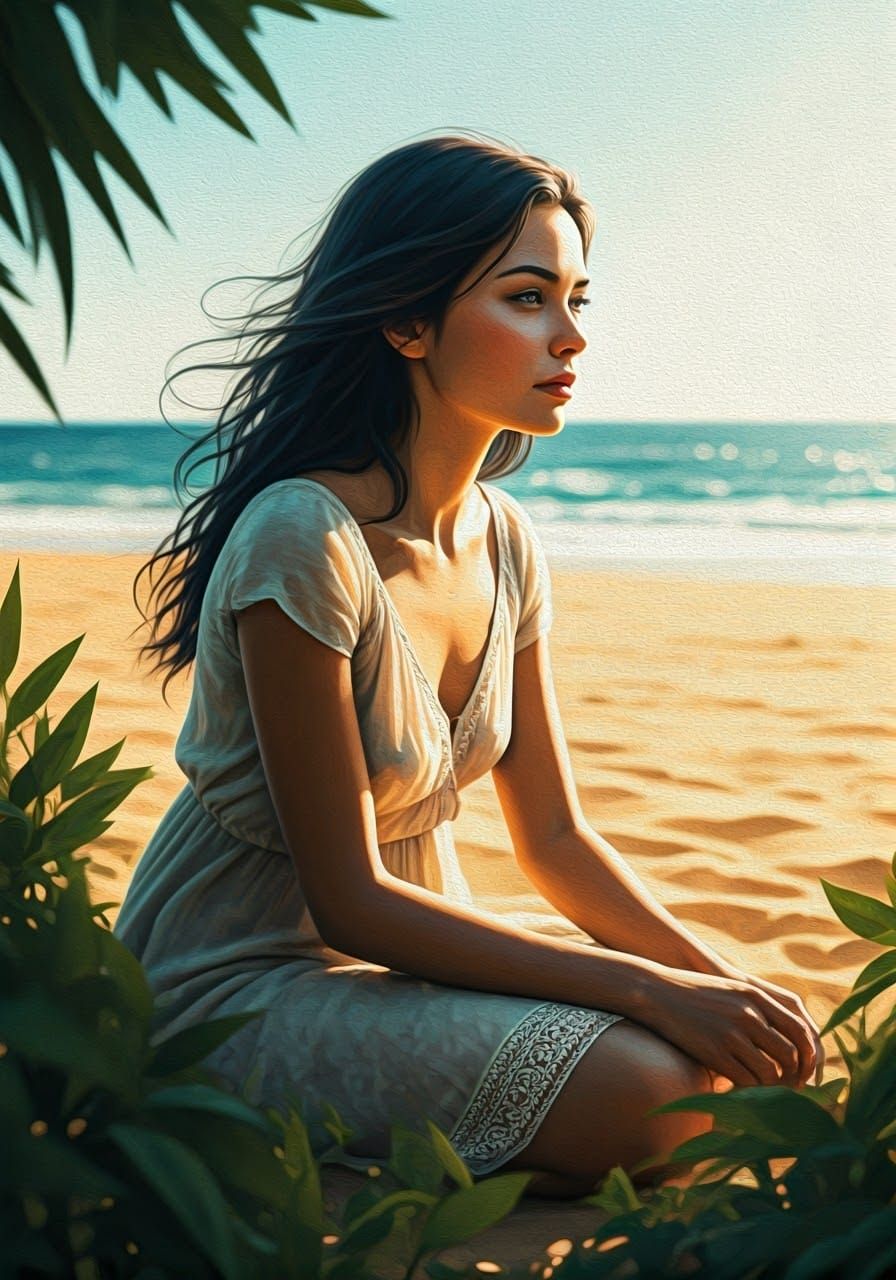 Serene Watercolor Beach Scene with Tropical Vegetation