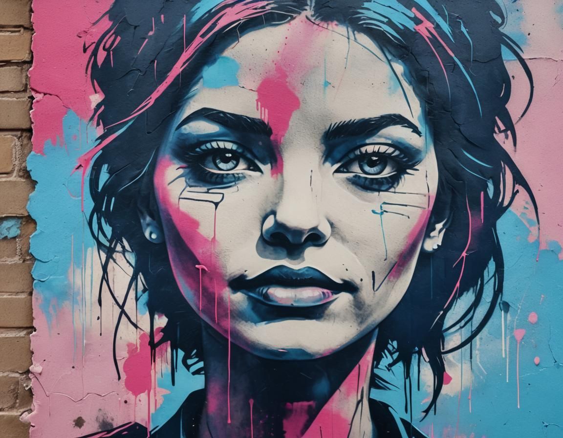 Vibrant Stencil Art Woman's Face in Urban Style