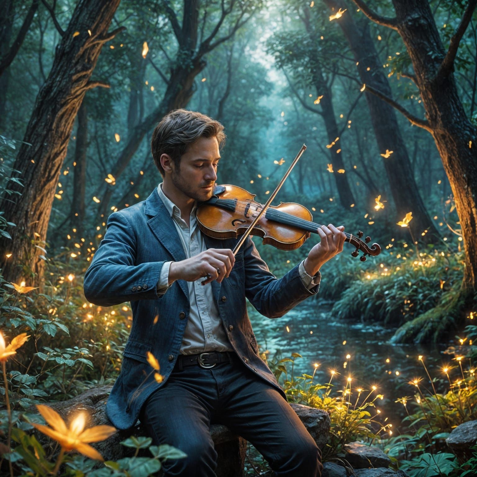 Fairytale Violinist in Forest, Oil Painting Style