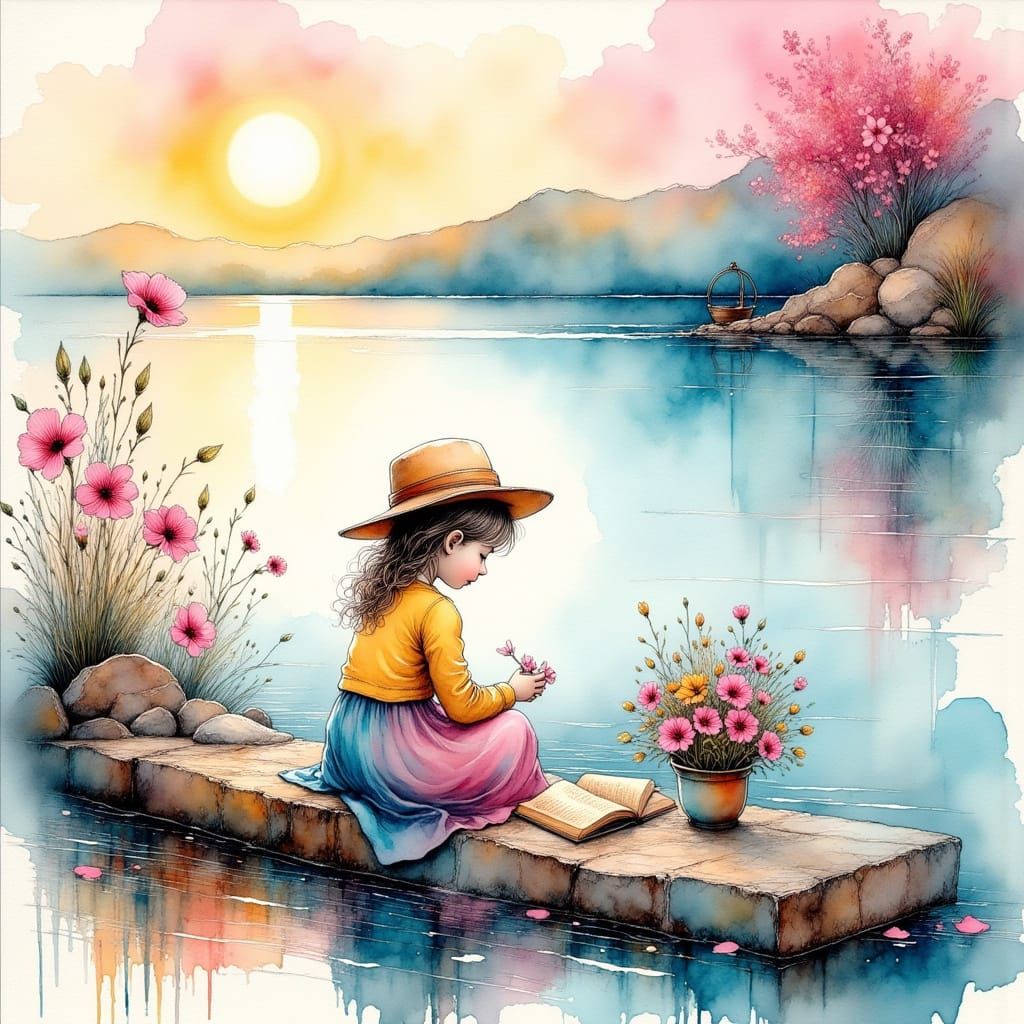 Whimsical Dreamer at Serene Lake's Edge