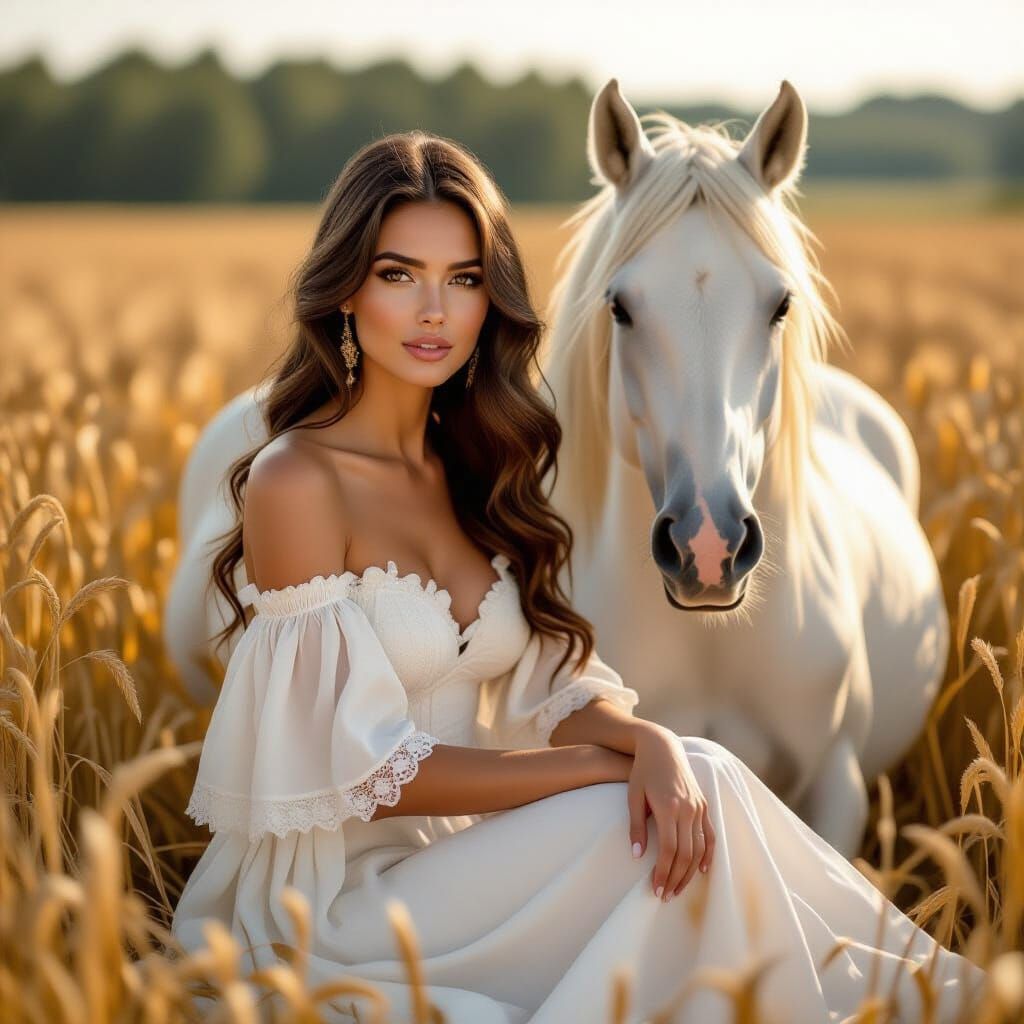Woman and White Horse in Golden Field, Art Nouveau Style