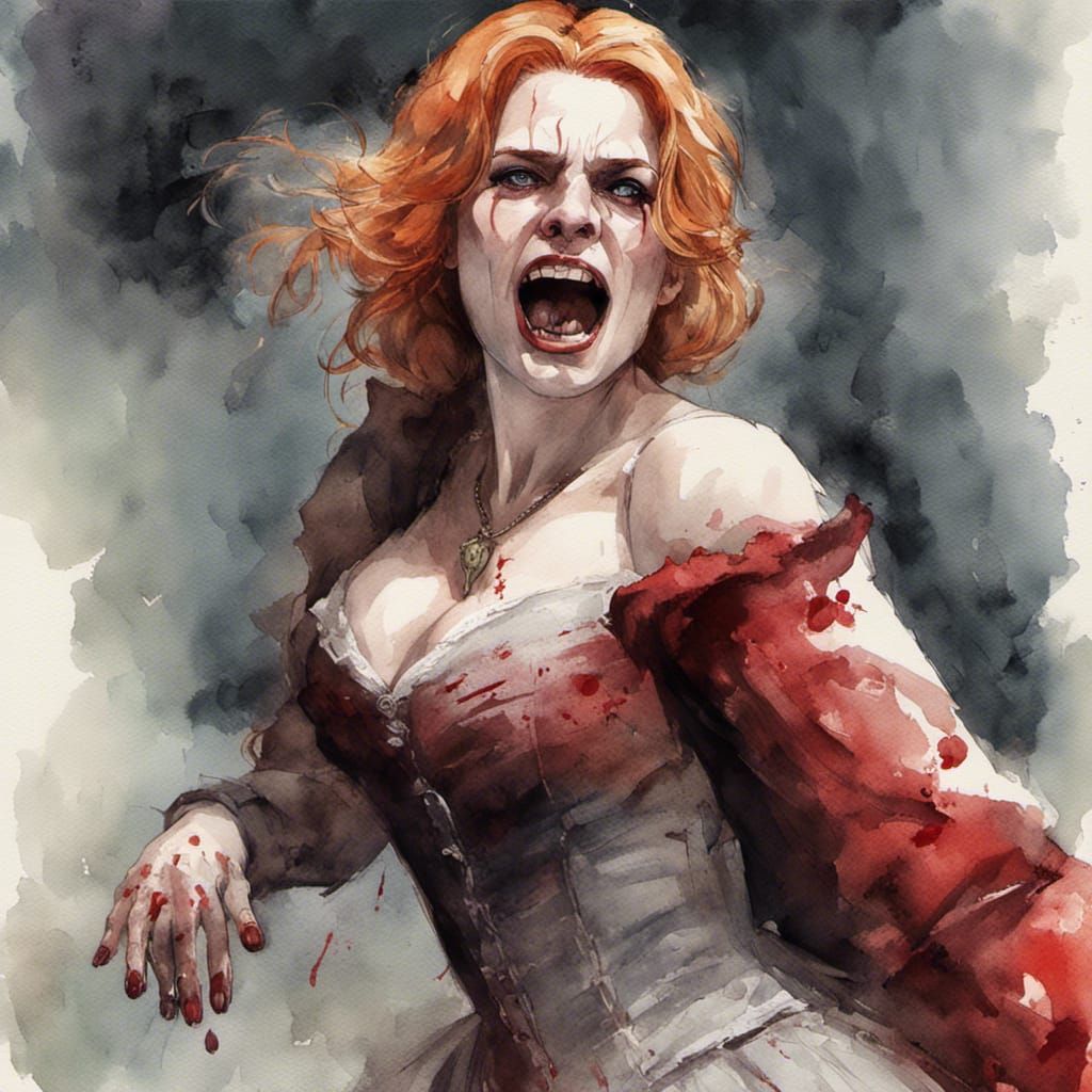 Blonde Vampire in Bloodied Gown: Watercolour Horror