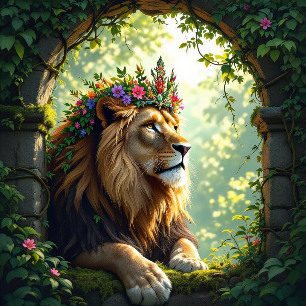 Regal Lion Surveys Kingdom in Photorealistic Style