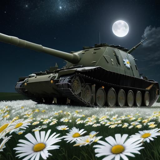 Moonlit Daisy Meadow with Tanks: Cosmic Holographic Art