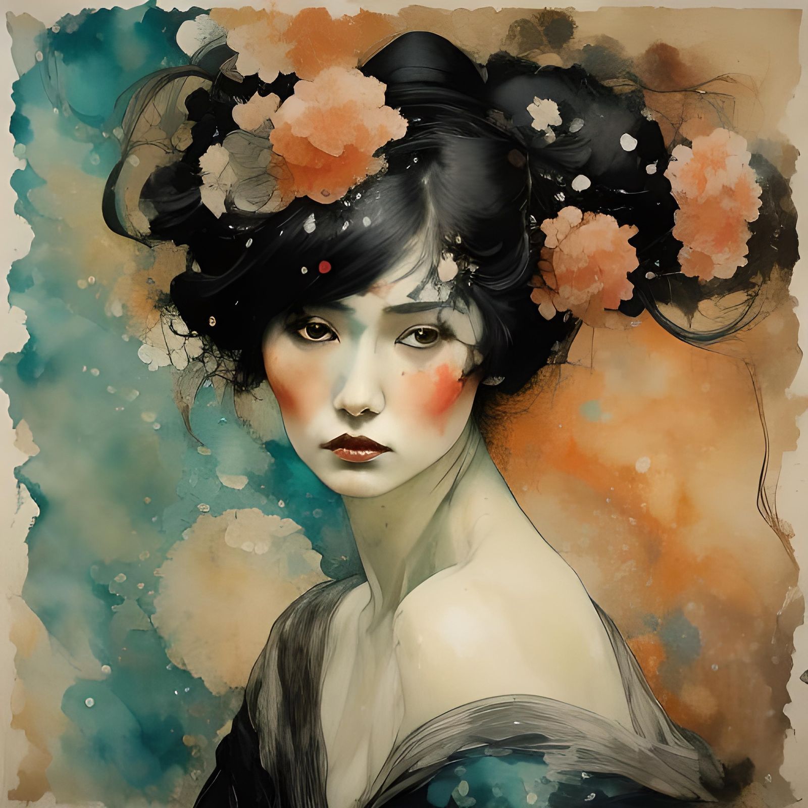 Impressionistic Peach Tree with Woman in Yukata