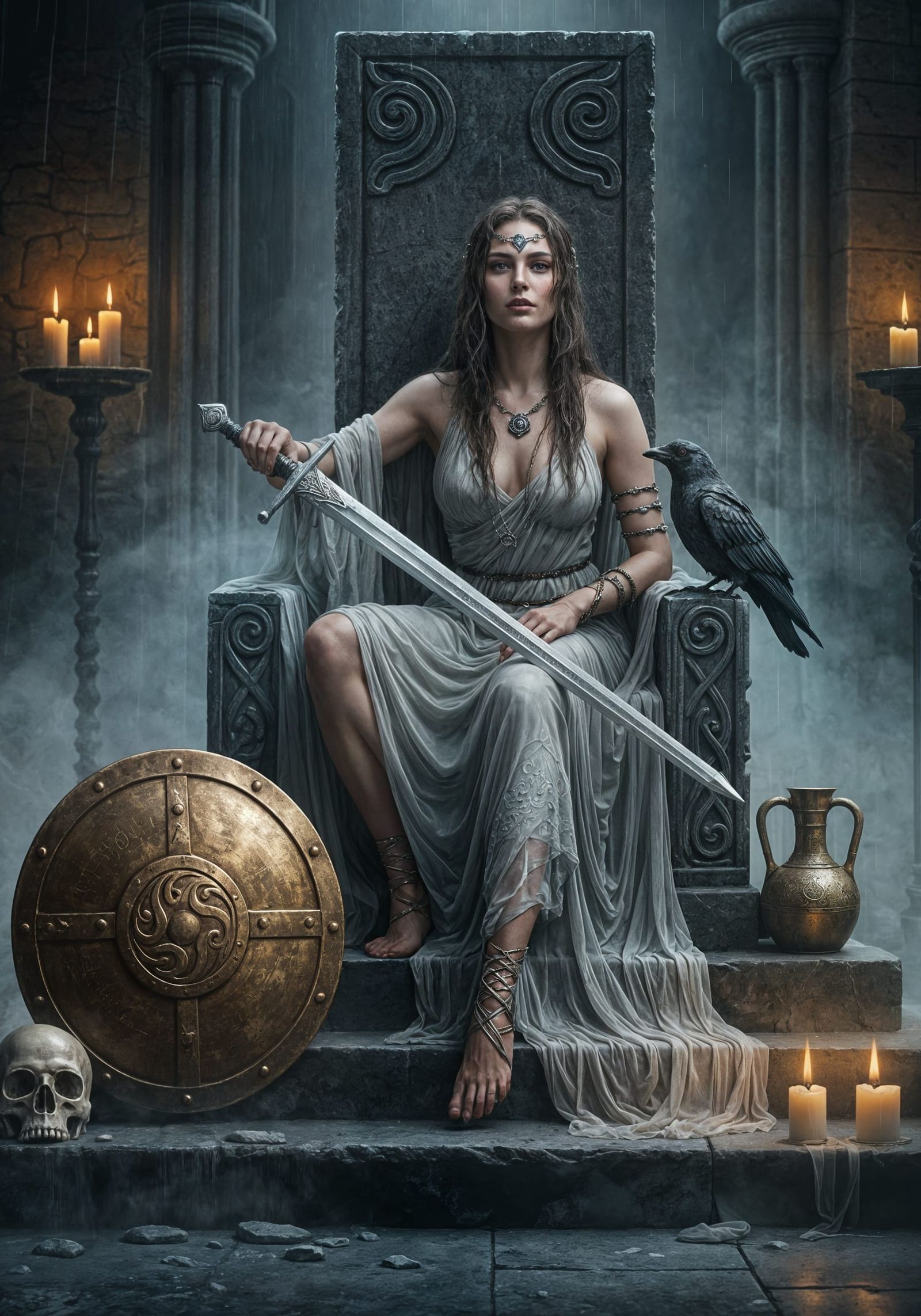 Ethereal Goddess Seated on Throne in Ancient Hall