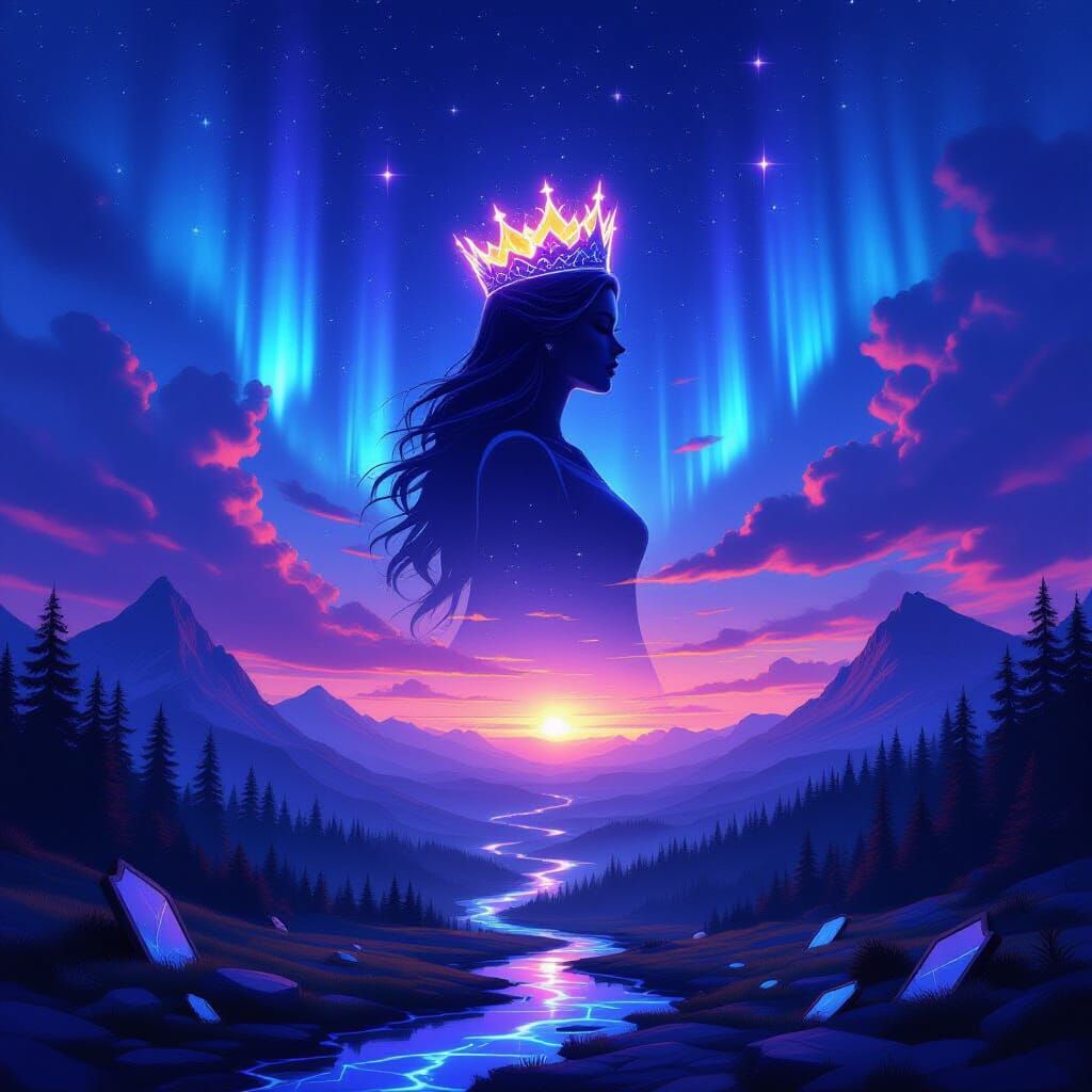 Mythic Queen's Constellation Over Neon Rivers