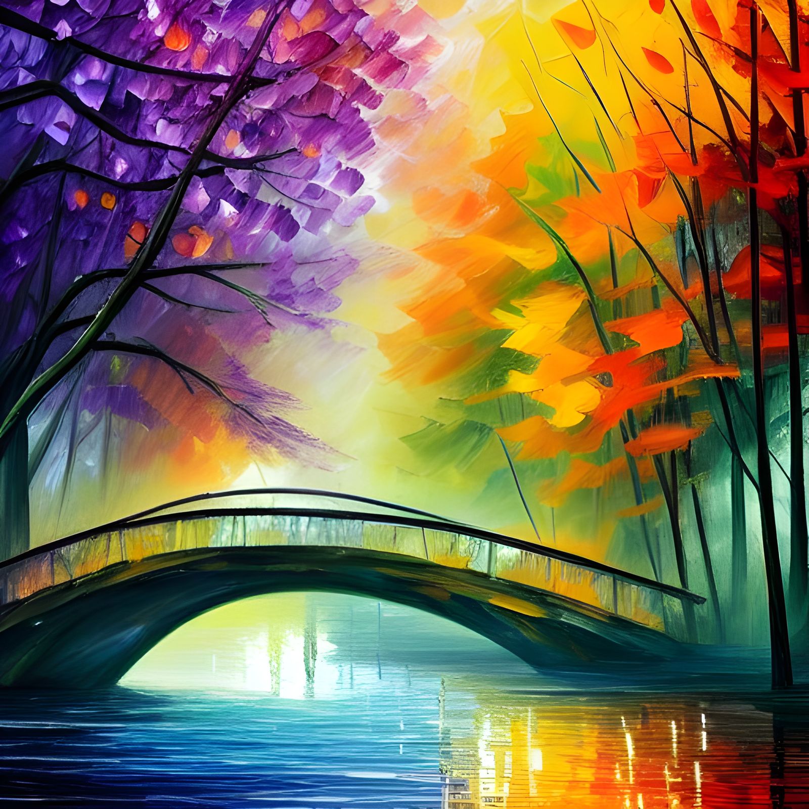 Bridge Over River in Forest, Impressionistic Style