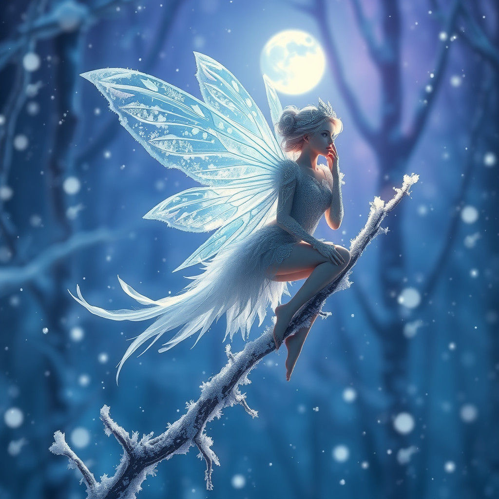 Crystalline Frost Fairy in Moonlit Forest