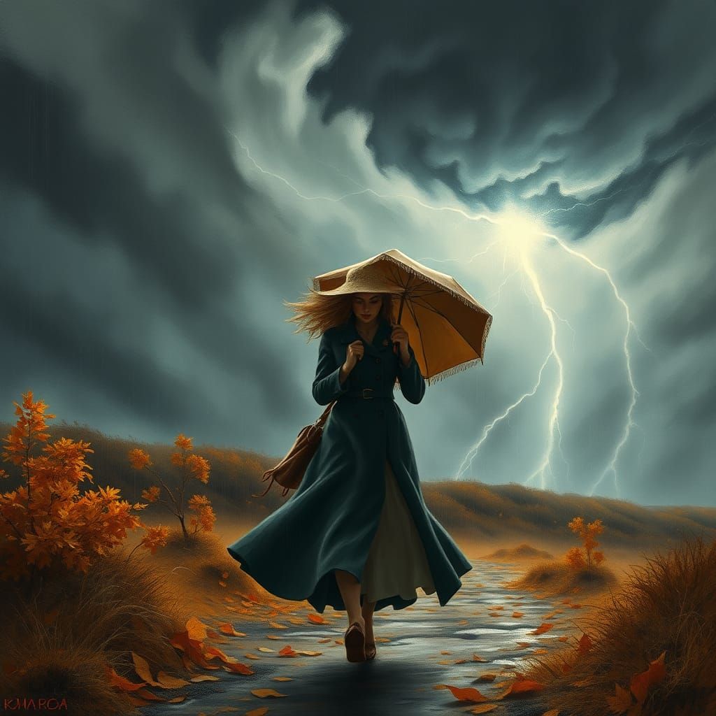 Woman Walks Through Autumn Landscape in Photorealistic Style