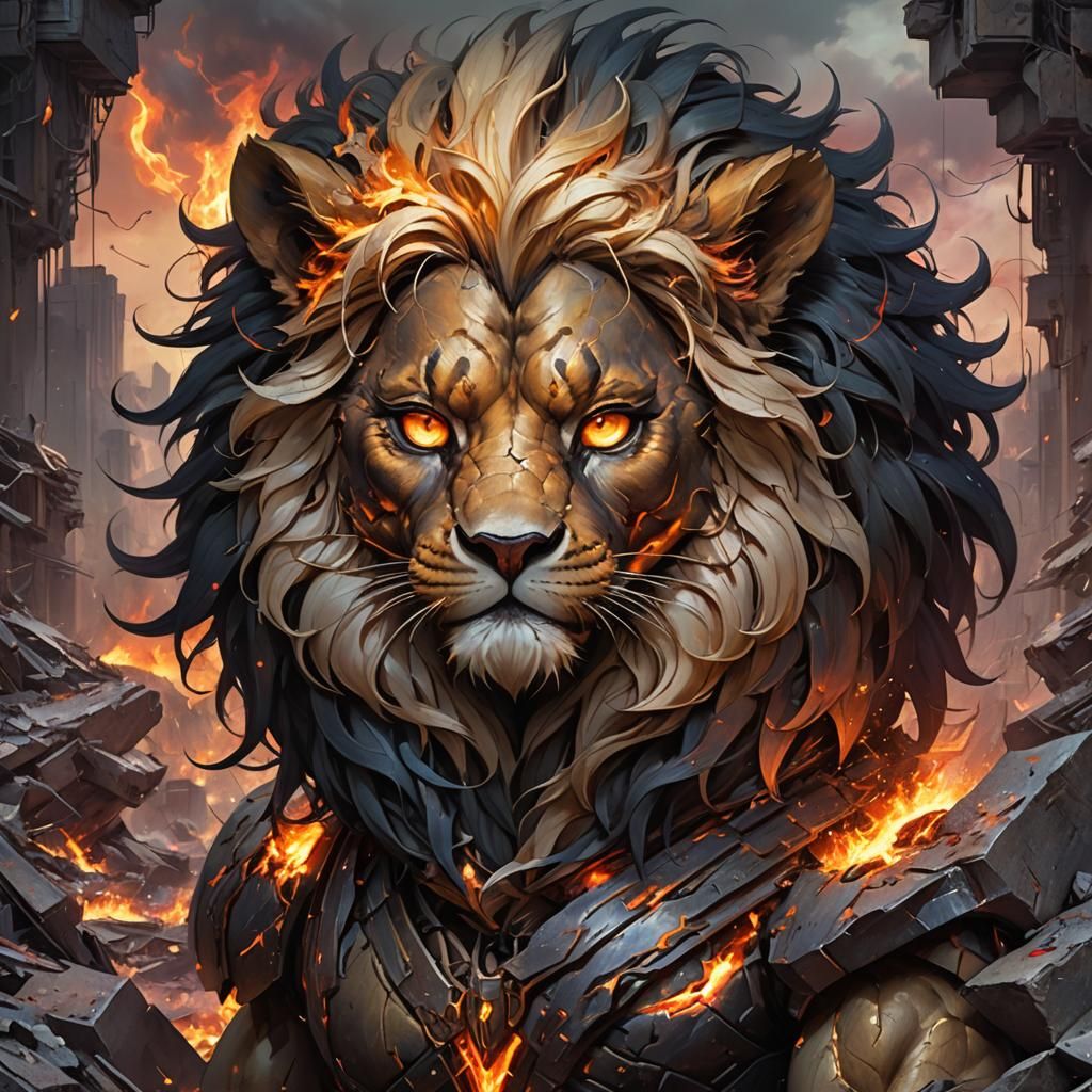 Boy and Lion Rise in Synthwave Landscape