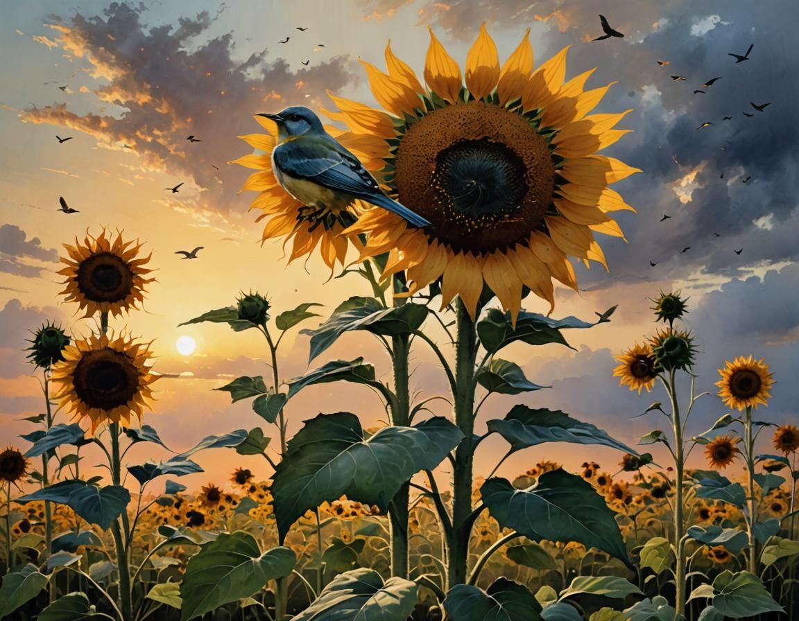 Sunflower and Bird at Sunset: Detailed Watercolor