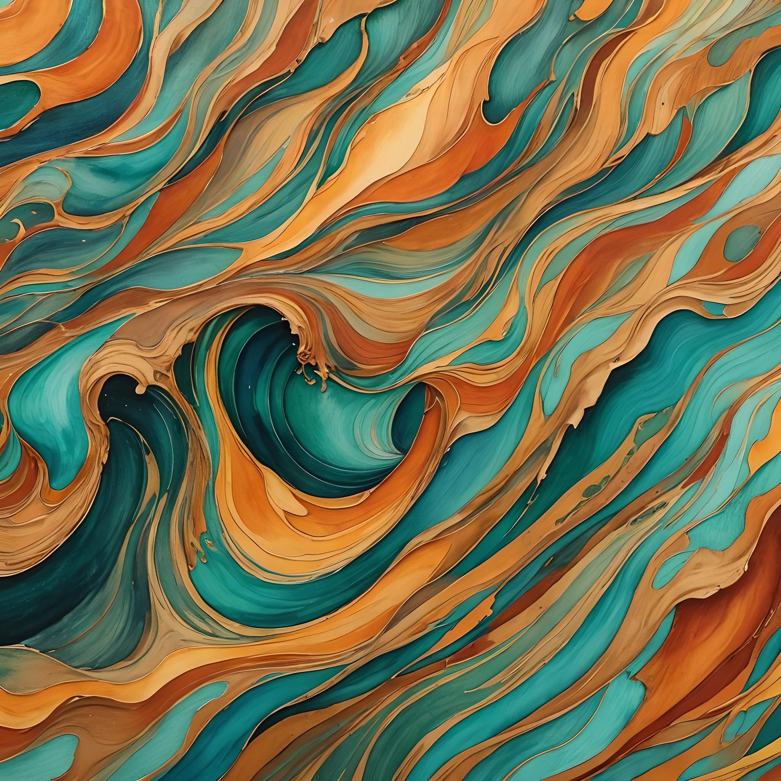 Abstract Wave Painting in Ocher and Turquoise