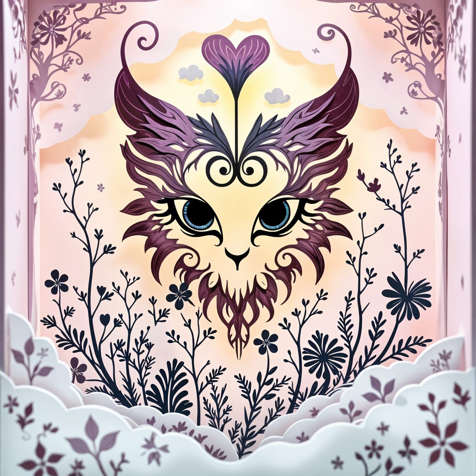 Mystical Purple Feline Goddess with Swirly Flourishes