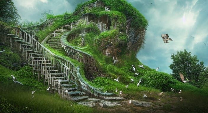 Surreal Spiral Staircase Ascends Cloudy Sky with Eye