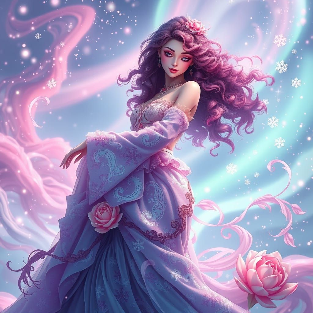 Surreal Fantasy Model in Icy Paisley Attire Under Northern L...