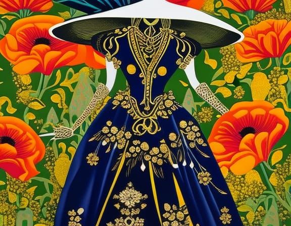 16k resolution, mesmerizing scene of a skeletal Catrina dressed in opulent gowns, surrounded by blooming cempasúchil (ma...