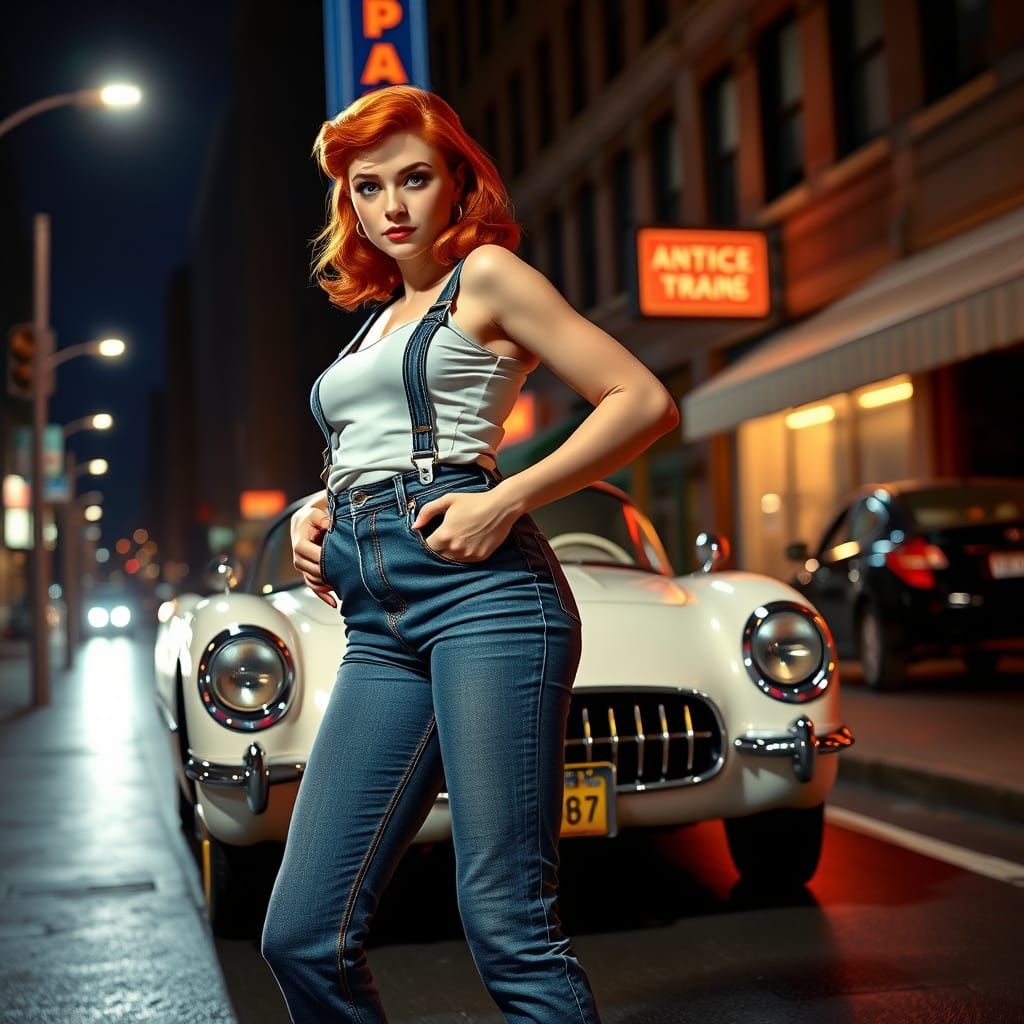 Vintage Pinup Girl Stands Confidently Beside a 1953 White Co...