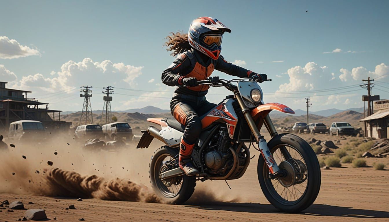 Girl in High-Speed Motocross Action, in a Cyberpunk-Inspired...