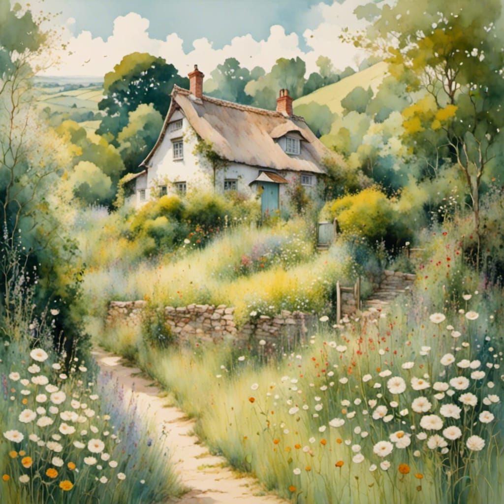 Bucolic Cottage Landscape in Soft Pastel Colors