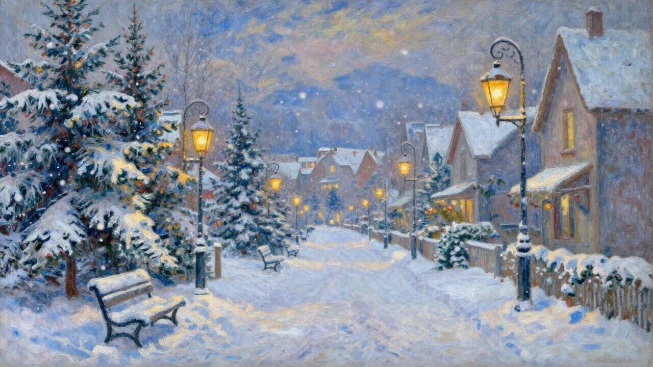 Impressionistic Christmas Village Scene with Warm Lamplight